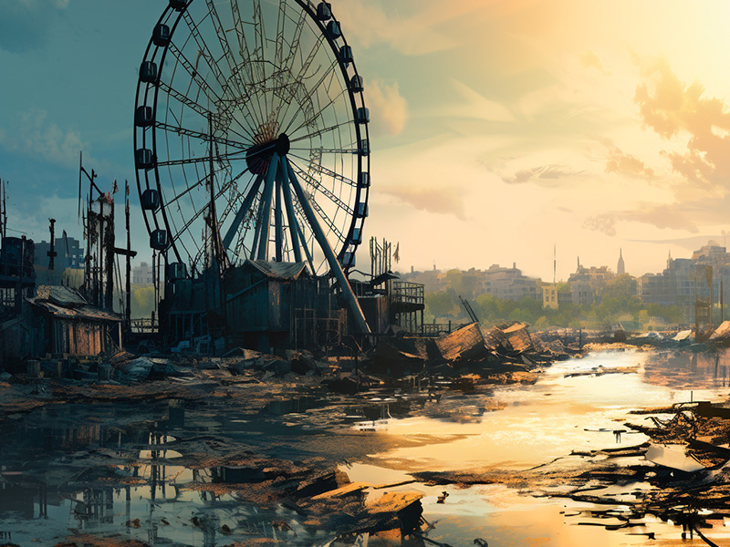 ville abandonnée avec grande roue